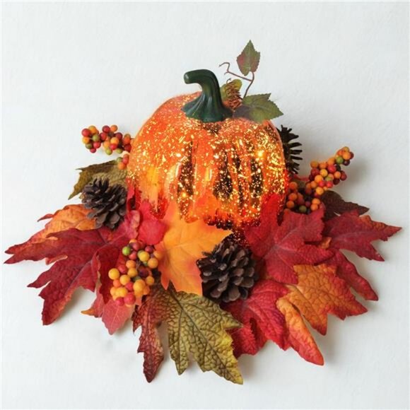 Lighted Pumpkin Fall Decor – LED Thanksgiving Decoration with Faux Maple - Picture 1 of 8